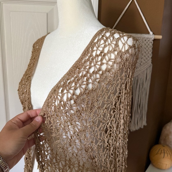 NY Collection Gold Crochet Fringe Beaded Open Cardigan / Size 2x - Picture 5 of 12
